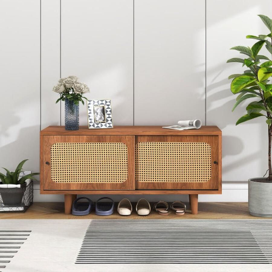 Unbranded Rotan schoenenkast met 2 deuren met verstelbare plank walnootkleur mooie schoenenkast voor hal woonkamer en slaapkamer 104*40*48 cm