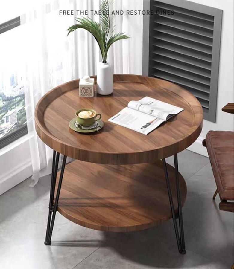 Unbranded Salontafel rond- salontafel rond met 2 etages bijzettafel hout -woonkamertafel houtlook afmetingen van de grote bijzettafel is 50 x 60 cm