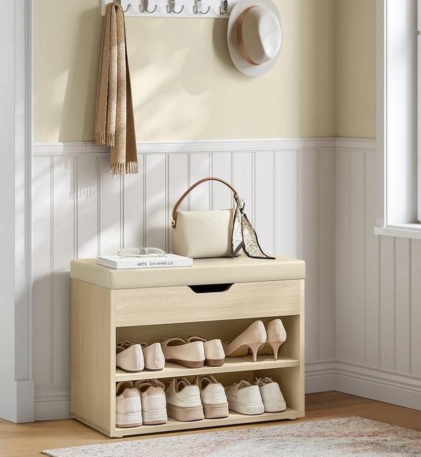 Unbranded Schoenenbank met Zitting schoenenrek met gewatteerd kussen schoenenorganizer met 3 niveaus schoenenkast -beige