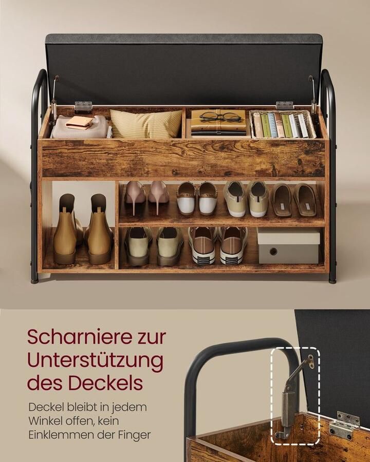 Unbranded Schoenenbank schoenenrek met binnenopslag met organizer rustiek bruin en zwart 30 x 100.6 x 62.5 cm