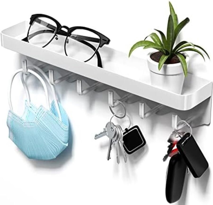 Unbranded Sleutelrek met plank en 6 haken ruimtebesparende organizer sleutelrek sleutelbord zonder boren wandmontage