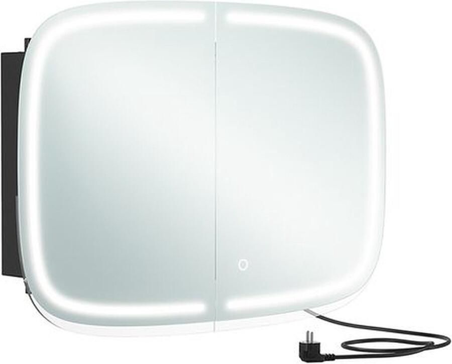 Unbranded Spiegelkast met verlichting badkamerkast wand Medicijnkast badkamerkast met 2 stopcontacten en 2 USB-poorten 2 verstelbare planken afgeronde hoeken zwart