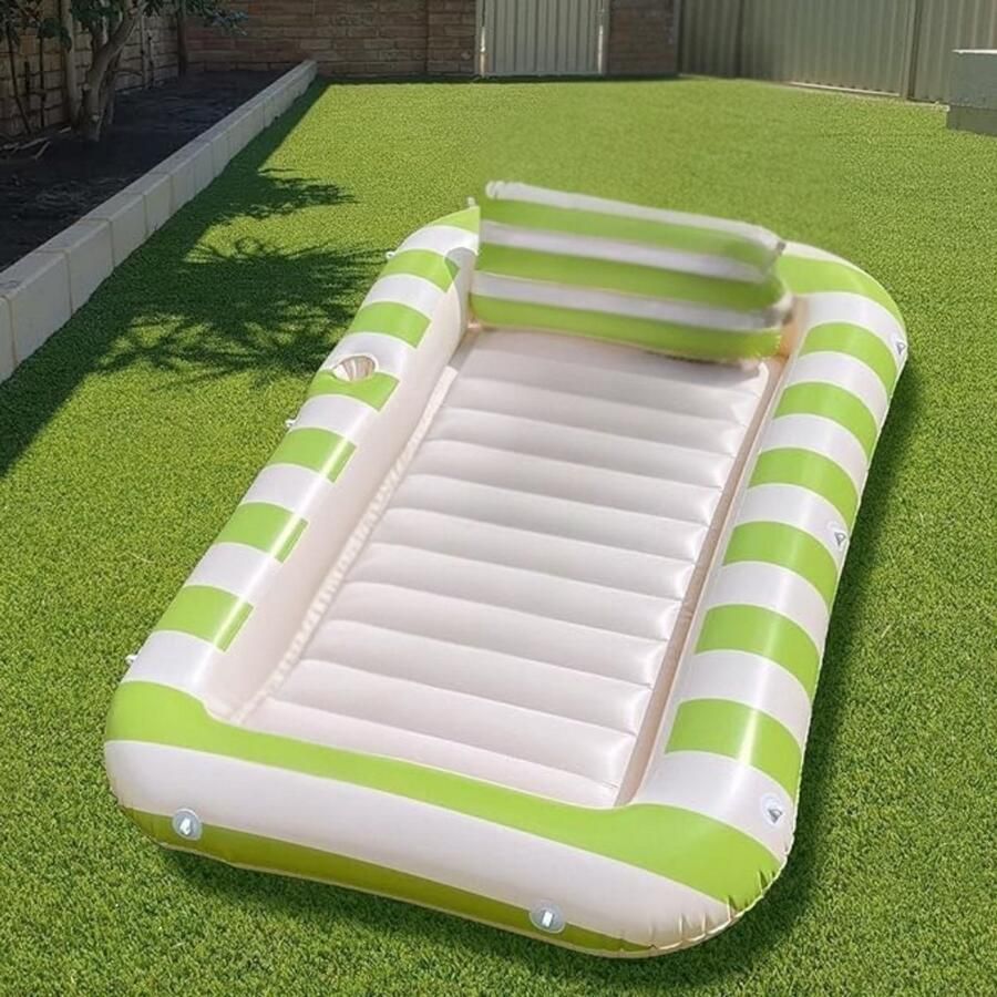 Unbranded Tanning Bed Opblaasbaar Luchtbed voor in het Zwembad Opblaasbaar Bad Opblaasbaar Eiland Met Ingebouwde Bekerhouders Afneembare Hoofdsteun 178 x 114 cm Groen en Wit