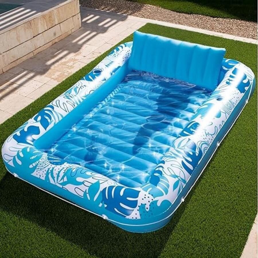 Unbranded Tanning Bed XL Opblaasbare Ligstoel voor Volwassenen Extra Grote Zonnebank Zwembadmatras Solarium Opblaasbaar Bed Zwembadmatras Lounge Drijver Twee 3 Bekerhouders Eén Afneembare Hoofdsteun 215 x 144 cm Blauw