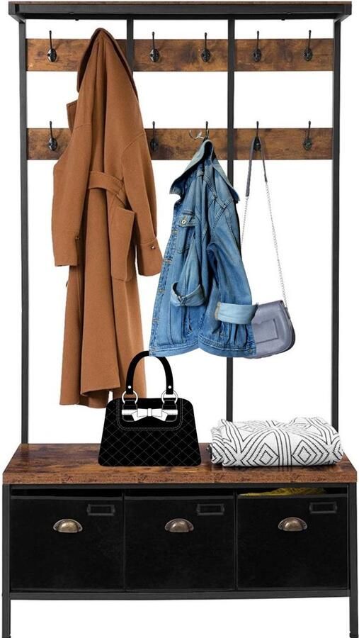 Unbranded Signature Home XXL Garderoberek Kapstok kledingrek met 24 haken Kapstok met schoenenrek zitting met 3 opbergdozen Bruin Zwart