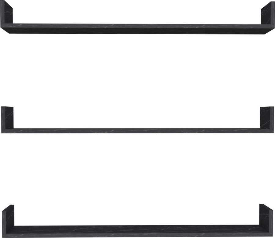 Unbranded Wandplank Miguel Set van 3 12x120x15 cm Marmer Zwart Spaanplaat Modern Design