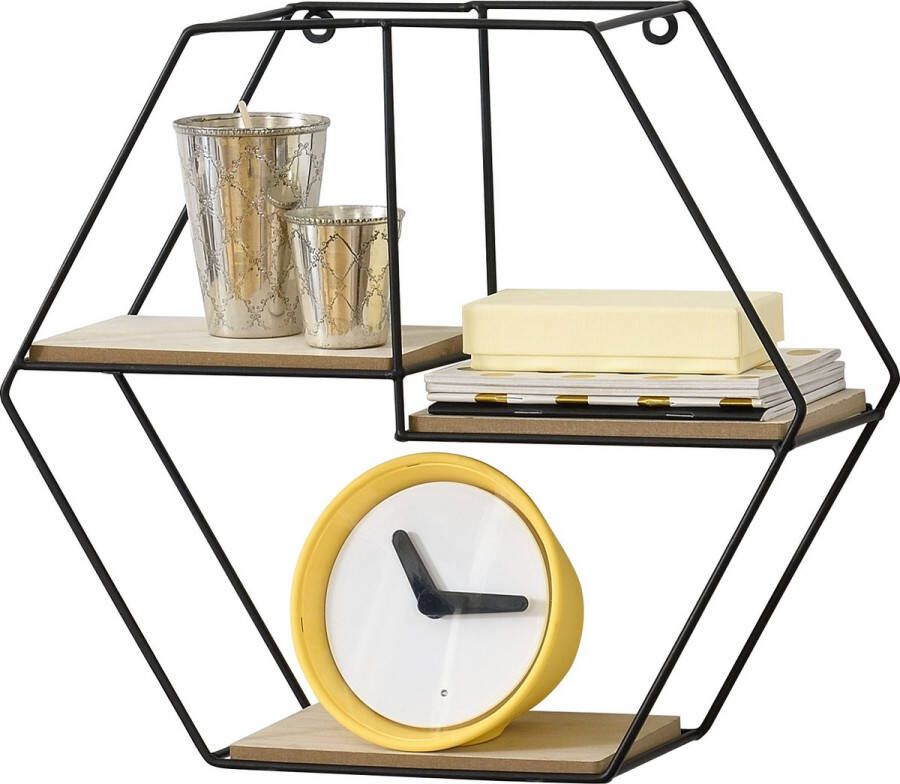 Unbranded Wandrek Oriane Hexagon Zwart en Hout 40x12x35 cm Metaal en Hout Modern Design