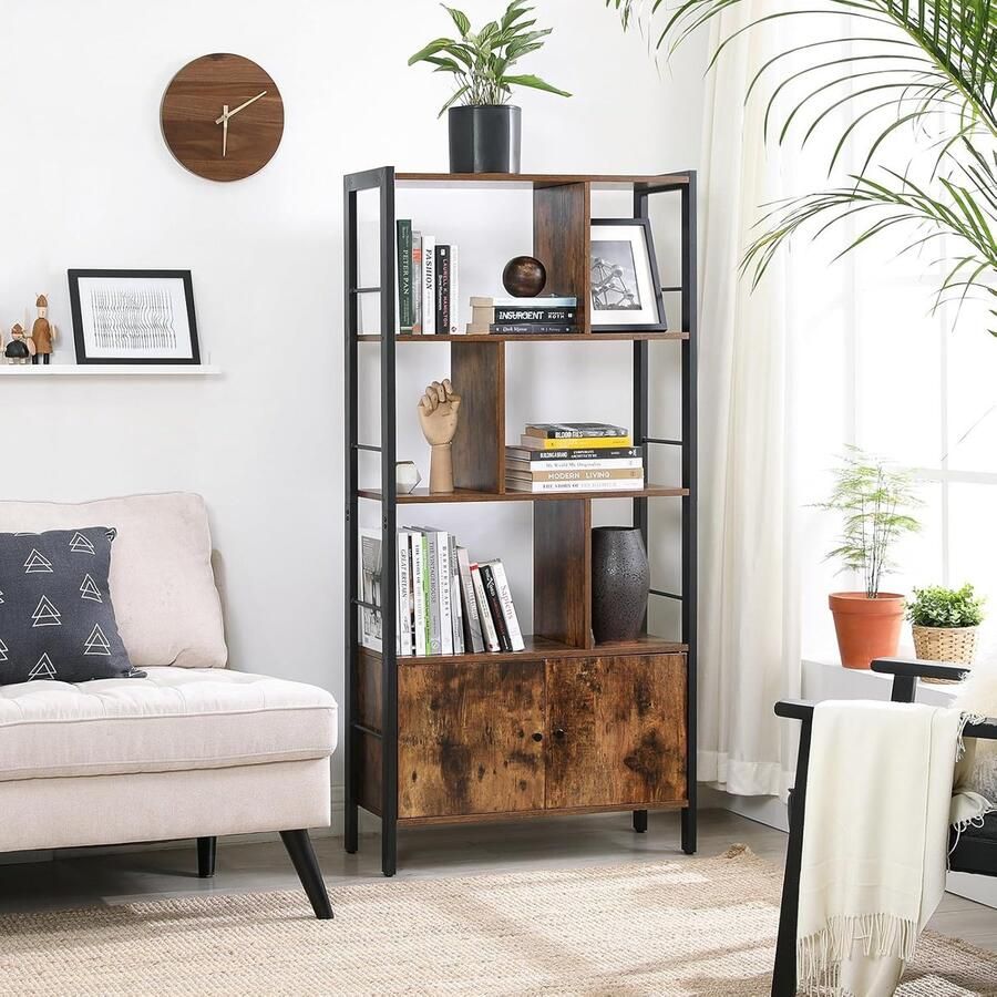 Unbranded VASAGLE boekenkast met 4 open legplanken staande boekenkast ruime woonkamerkast keuken kantoor stalen frame industrieel ontwerp vintage bruin-zwart LBC022B01 - Foto 2
