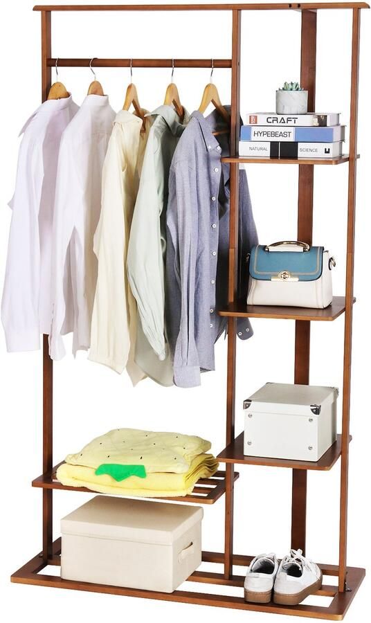 Unho Bamboe Kledingrek Draagbare Open Garderobe voor Hangende Kleren Kledingrekstandaard met 5 Planken Opgeruimde Garderobestang met Schoenenrek voor Kleren Hoeden Tassen