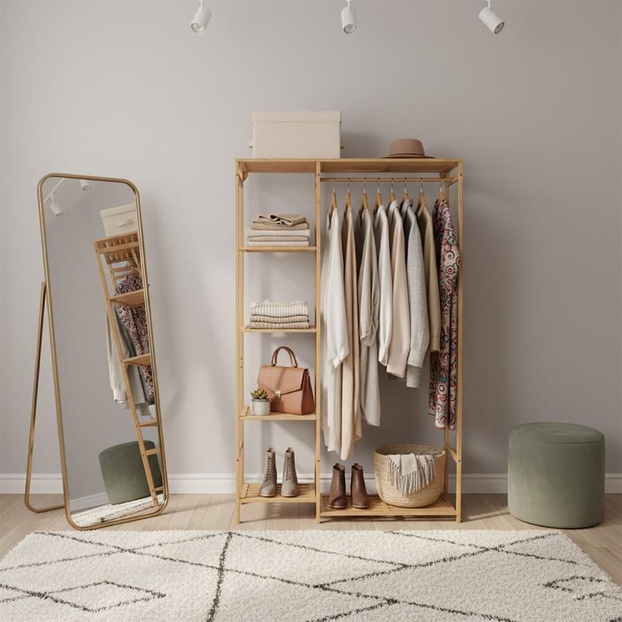 Unho Bamboe Kledingrek met Planken Kledinghangrail Open garderobe Kledingrek met Gordijn voor Woonkamer Slaapkamer Entree 91 x 30 x 146 cm