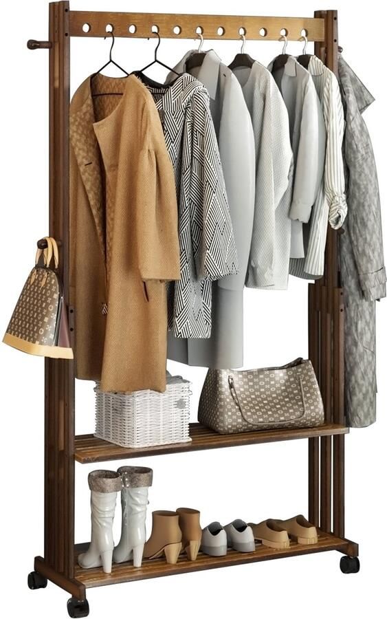 Unho Bamboe Kledingrekstandaard Houten Kledinghangrail Kledingrek Rolkapstok Open Garderobe met Opbergplanken voor Slaapkamer Entree