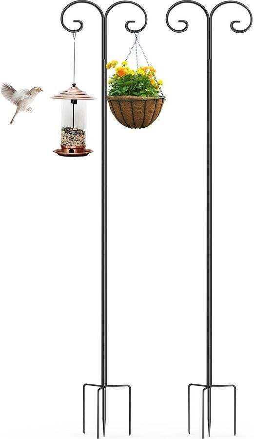 Unho Dubbele Herdershaak voor Buiten 240cm Hoge Vogelvoederpaal met 5 Tanden Basis Verstelbare Zware Tuin Ophang Houder voor Hangplant Solar Lamp Bruiloft Decor Voederhuis Kolibrie 2st