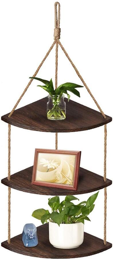 Unho Hangende Hoekplank Houten Touw Planken 3 Tier Vensterplank Muur Zwevende Planken voor Woonkamer Slaapkamer Badkamer Rustieke Home Muurdecoratie