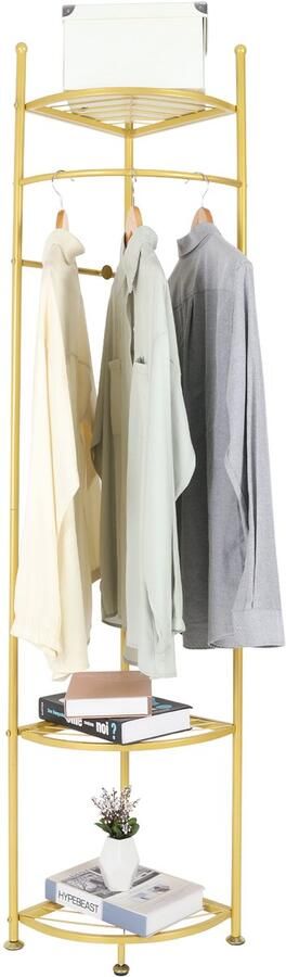Unho hoek gouden kledingrekken vrijstaand metalen kapstokken zwaar modern kledingrek hal boom met 3 verdiepingen planken voor thuis slaapkamer woonkamer