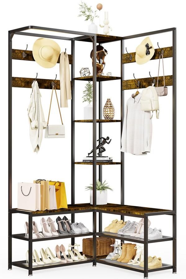 Unho kapstok met bank hoekkapstok met 10 haken en planken kledingstang met schoenenrek open garderobe gangrek 146x30x178.5cm ruimtebesparend industrieel ontwerp