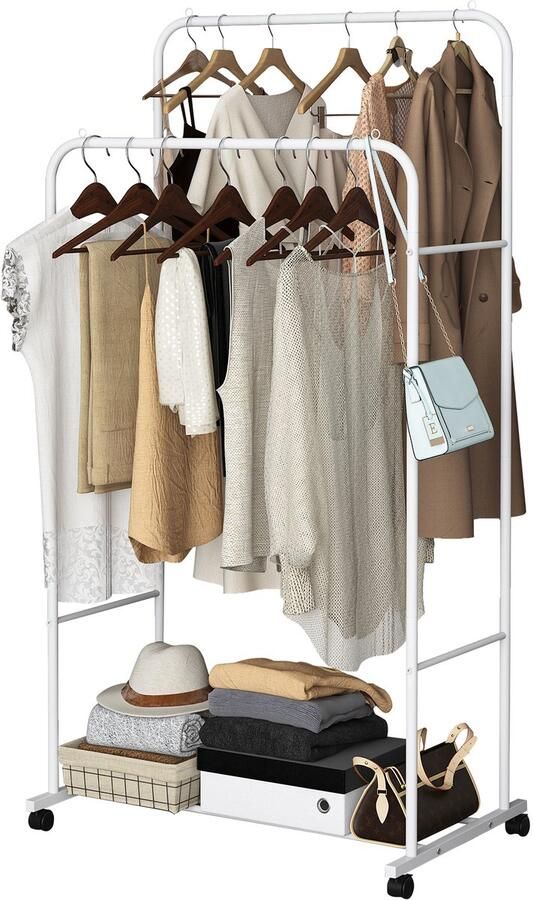 Unho kleding ophangrail op wielen industrieel kledingrek heavy duty kledinghangerstandaard metalen kledingrek open garderobe organizer met opbergplank voor slaapkamer wit