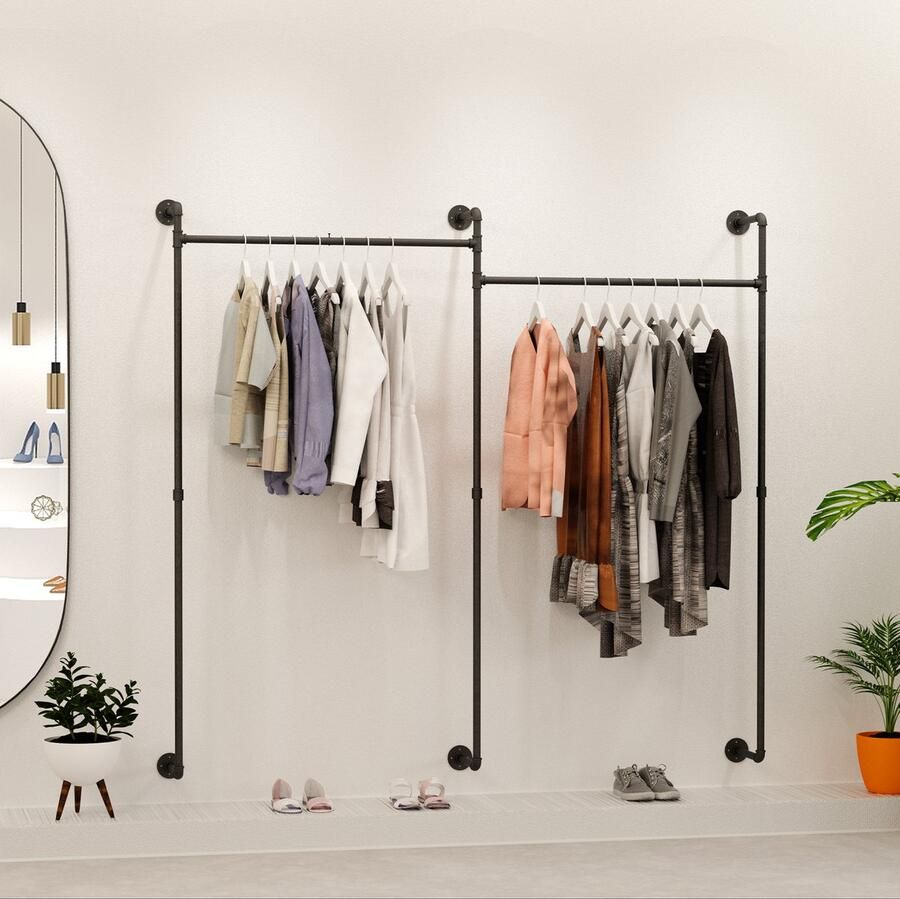 Unho kledingrek industrieel loftdesign kledingrek voor inloopkast kledingrek voor slaapkamer gemaakt van zwart stevig ijzeren buizen wandmontage