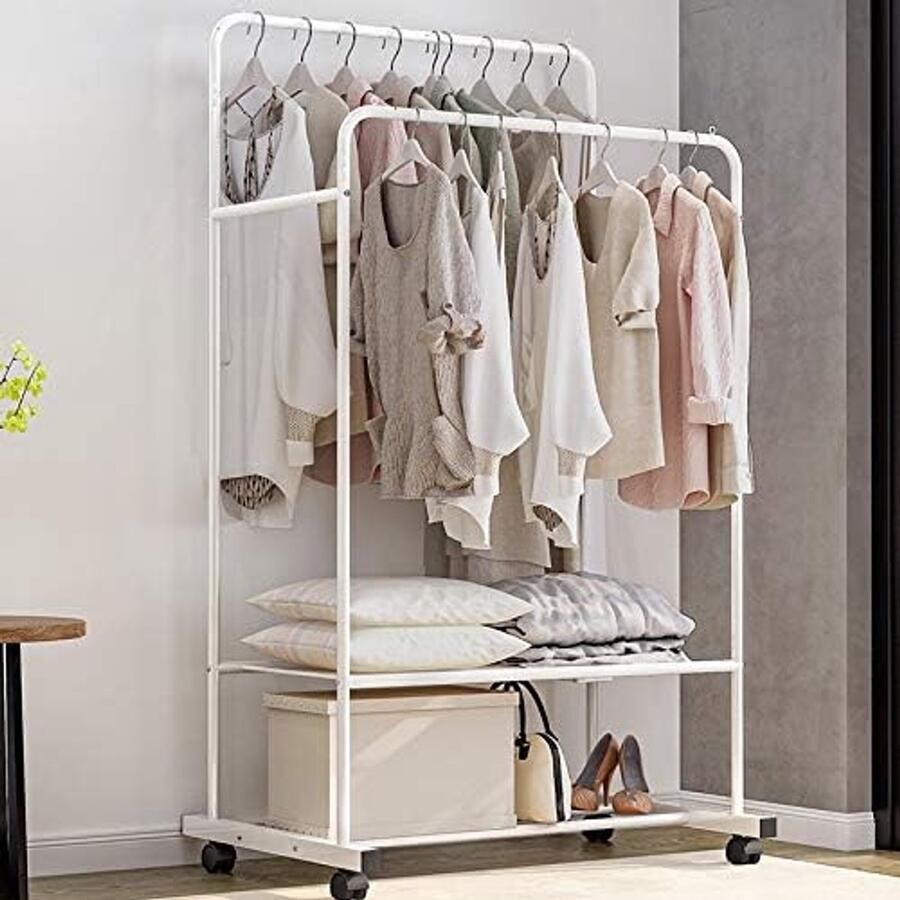 Unho Kledingrek Metalen Kledingrek Dubbele Hangende Rails Met Wielen voor Slaapkamer Draagbaar Kledingrek Kleding Opbergrek Draagbaar tot 40kg Wit