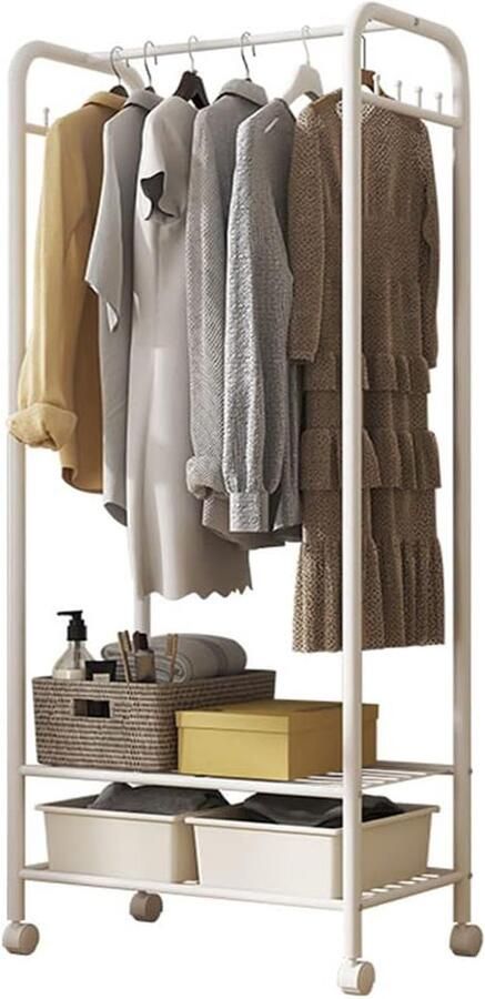 Unho Metalen kledingrek met wielen Modern kledingrek met 2 planken 150 cm hoog kledingrek voor het ophangen van kleding Hangstang voor kleine ruimtes Wit