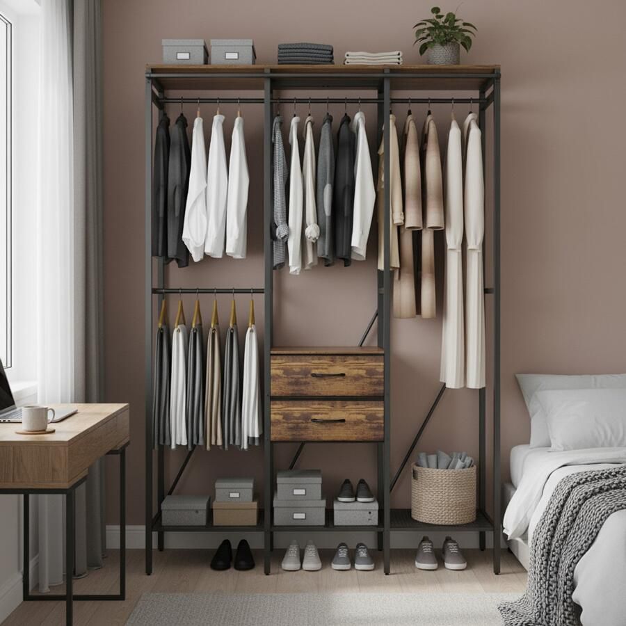 Unho open garderobe LARGE 150 x 50 x 214 cm kledingrek kapstok met gordijnen en laden garderobe met kledingroede planken ruimtebesparend industrieel ontwerp