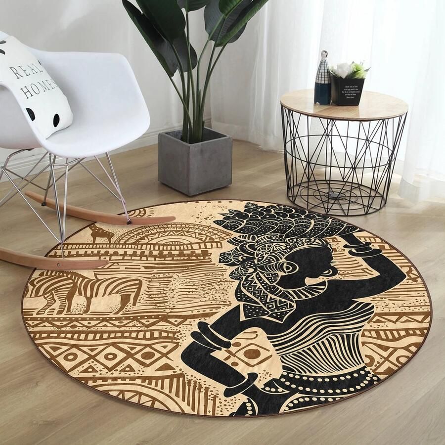 Unique-Treasure Rond Afrikaans vloerkleed vrouw met fruitschaal 150cm