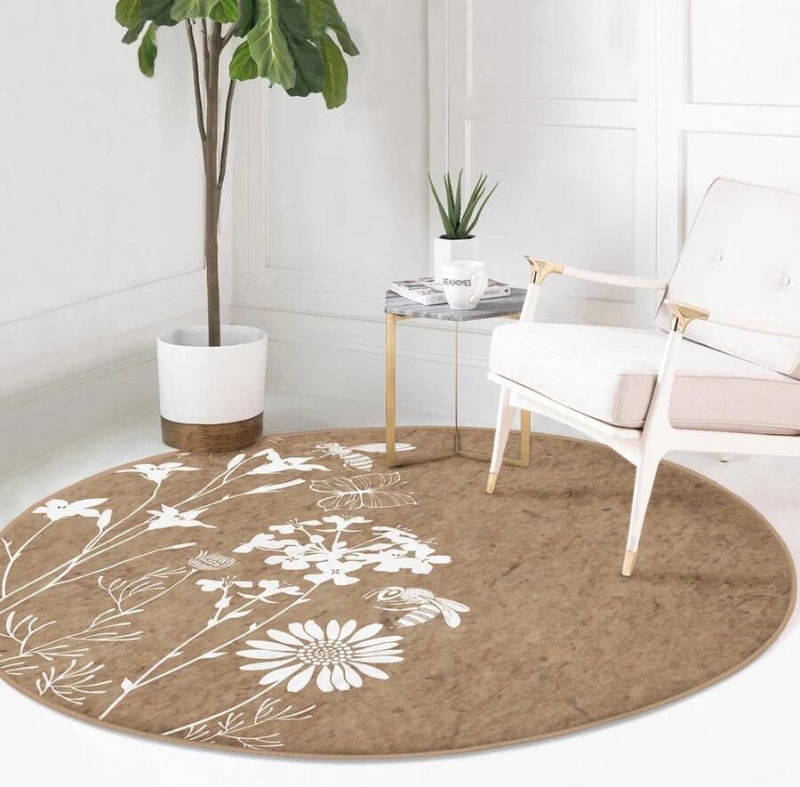Unique-Treasure Rond beige tapijt met witte bloemen 80cm