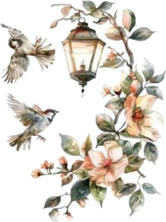 Universeel Kleurrijke Bloem Hanglamp Vogel Muursticker Voor Slaapkamer Woonkamer Ingang Huis Achtergronddecoratie Zelfklevend 29*22Cm