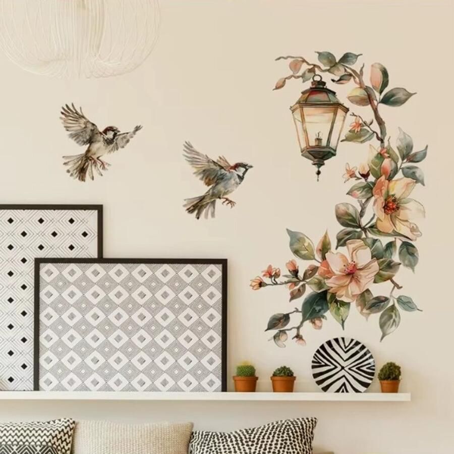 Universeel Kleurrijke Bloem Hanglamp Vogel Muursticker Voor Slaapkamer Woonkamer Ingang Huis Achtergronddecoratie Zelfklevend 29*22Cm - Foto 2