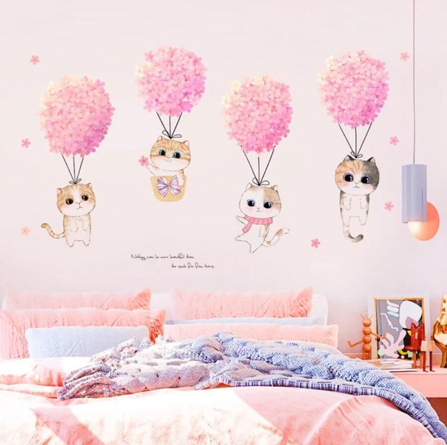 Universeel Roze Bloem Schattige Katten Muurstickers Voor Kinderkamers Meisje Slaapkamer Home Garderobe Wanddecor Zelfklevend Vinyl Sticker Wallpapers - Foto 2
