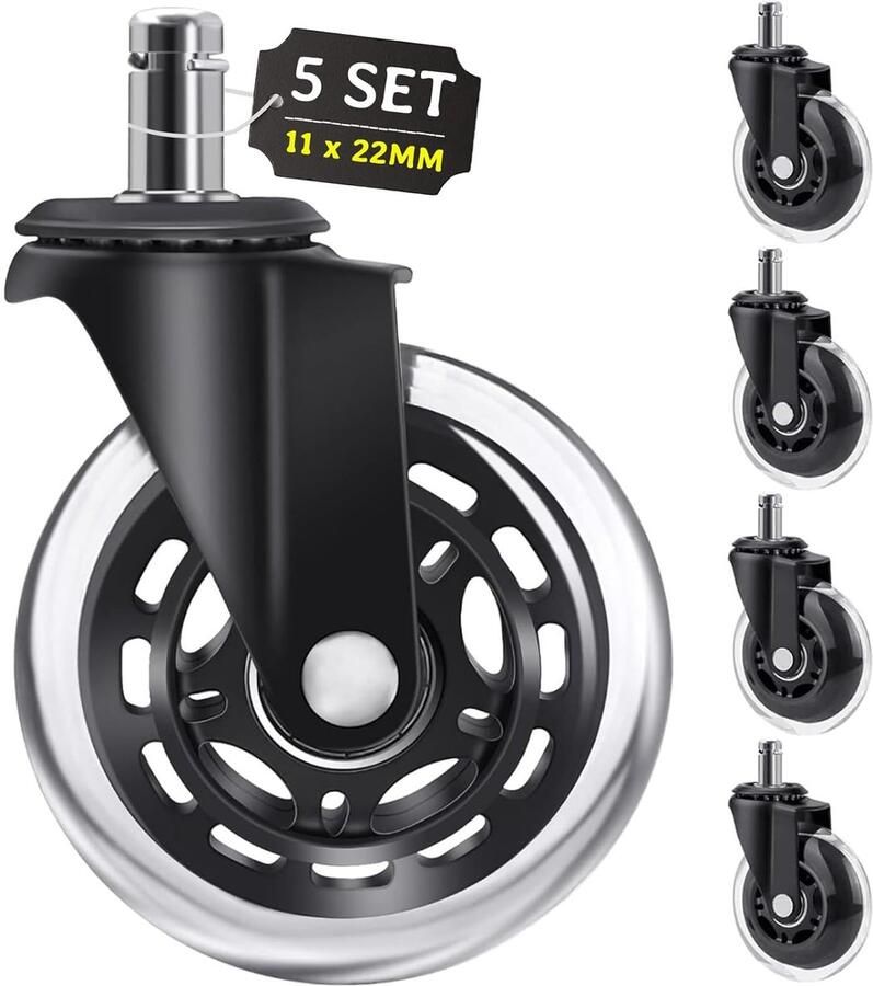 Famanu Zwenkwiel voor Bureaustoel Wielen 11mm x 22mm 5 Stuks Vervangende Rubber Wielen voor Bureaustoel Stille Draaistoelwielen Zwenkwielen voor Parketvloeren Laminaat en Tegels Geen Krassen