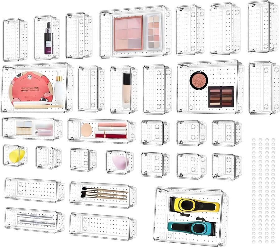 Unyqoos 25-delige Transparante Lade Organizer Set voor Make-up Keuken Badkamer en Kantoor