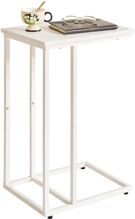Unyqoos Bijzettafel met C-vormig Ontwerp Marmeren Look Houten Planken en Metalen Frame voor Veelzijdig Gebruik