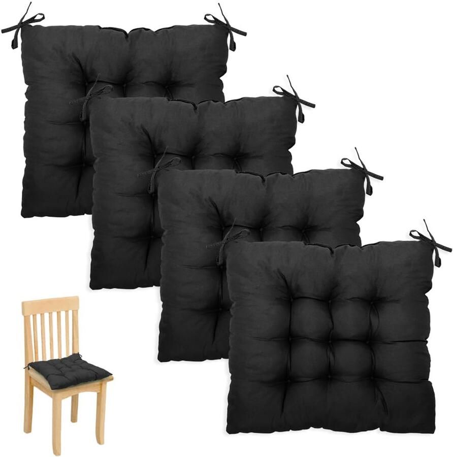 Unyqoos Comfortabele set van 4 zwarte stoelkussens met bindbanden voor eetkamerstoelen