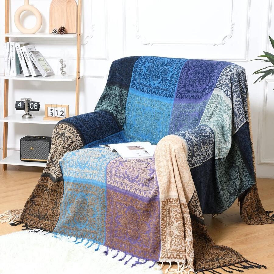 Unyqoos Dubbelzijdige Chenille Boho-deken met Franjes voor Tweepersoonsbed 220 x 260 cm Paarsblauw