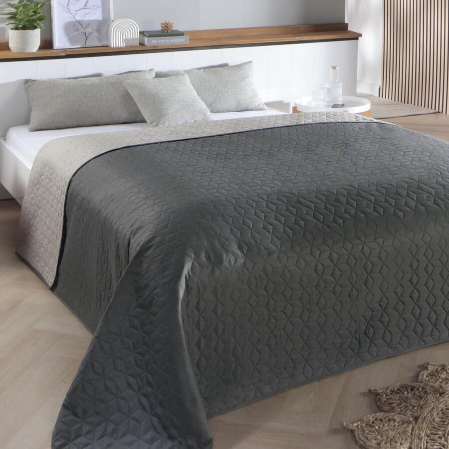 Unyqoos Elegante Gewatteerde Bedsprei Antraciet-Grijs voor Tweepersoonsbedden Luxe Omkeerbaar Ontwerp 220 x 240 cm