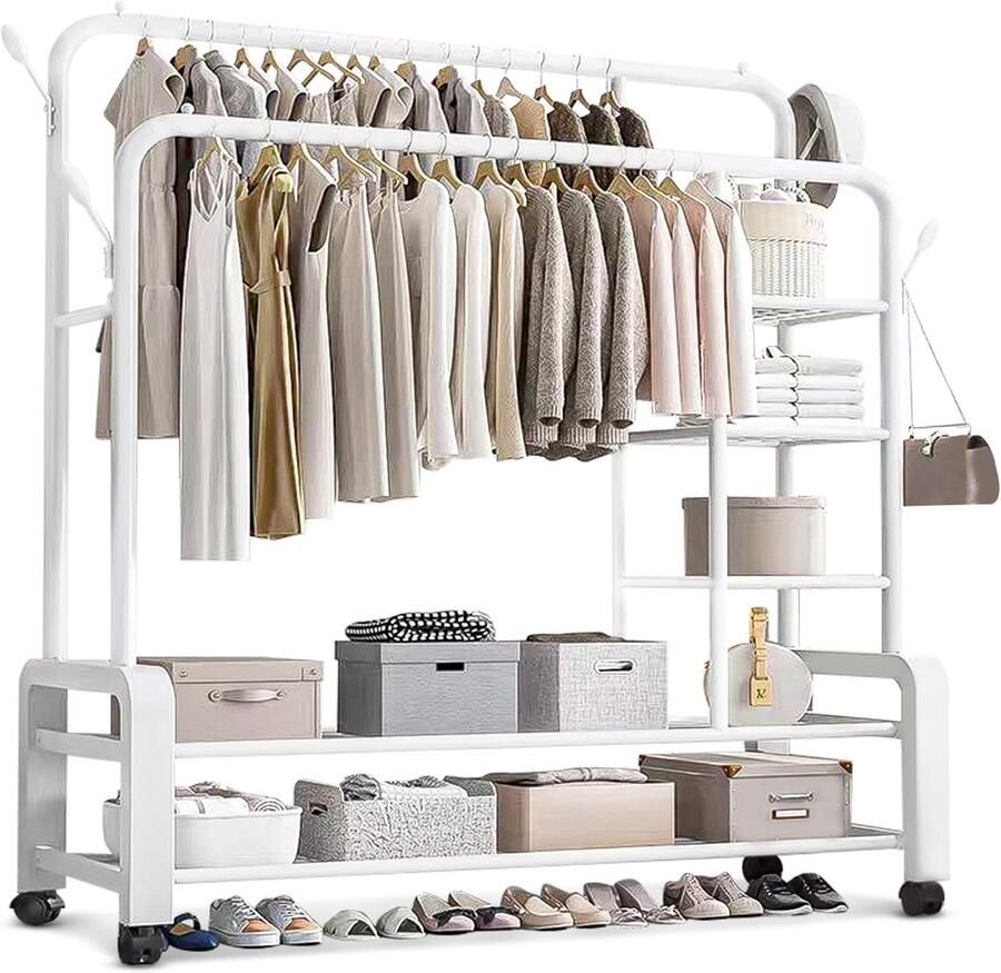 Unyqoos Kledingrek met Dubbele Opslag en Wielen voor Efficiënte Ruimtebesparing en Gemakkelijke Toegang