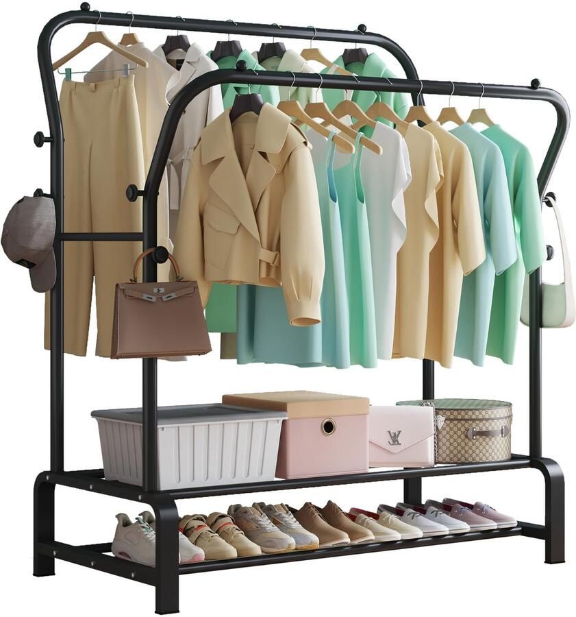 Unyqoos Kledingrek met Dubbele Stang en Schoenenrekken voor Optimaal Opbergen van Kleding en Accessoires