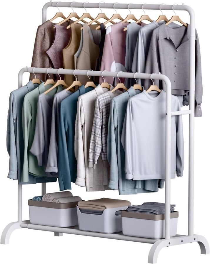 Unyqoos Kledingrek met dubbele verstelbare stang en stevig onderframe wit 150 x (110-140) x 56 cm ideaal voor kledingstukken