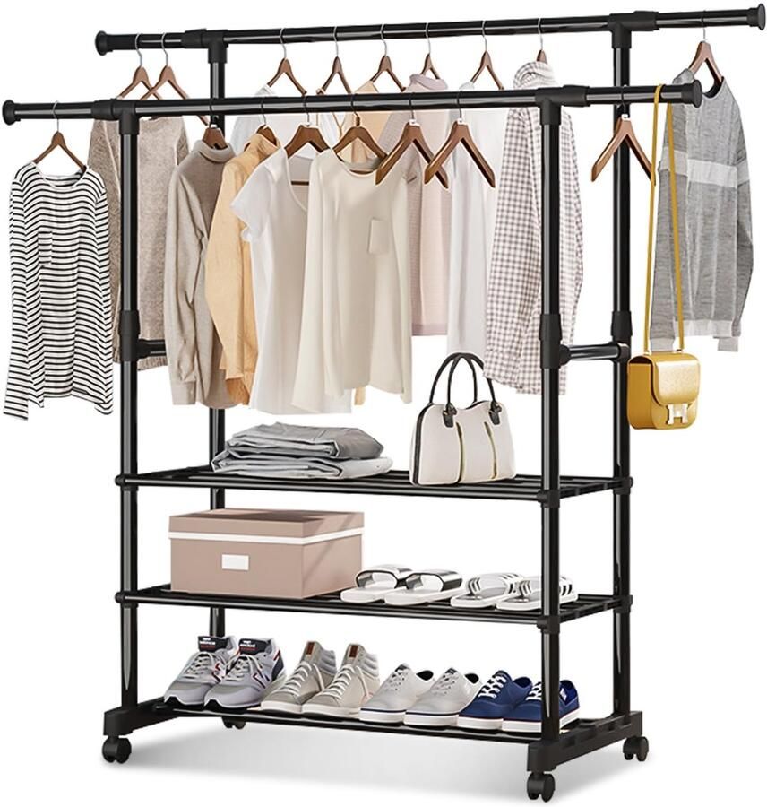 Unyqoos Kledingrek op wielen met dubbele uittrekbare stangen en 3 opberglagen