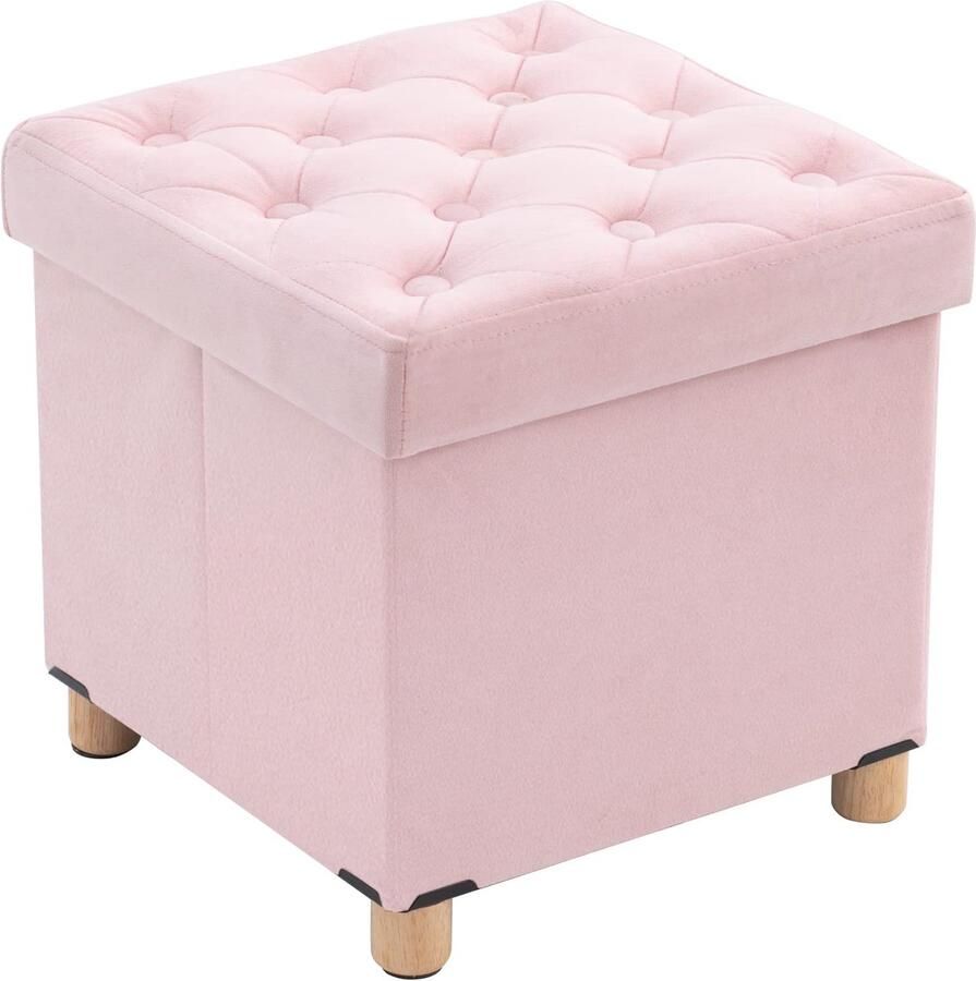 Unyqoos Kubusvormige opvouwbare fluwelen kruk met royale opbergruimte en houten poten voor veelzijdig gebruik in huis