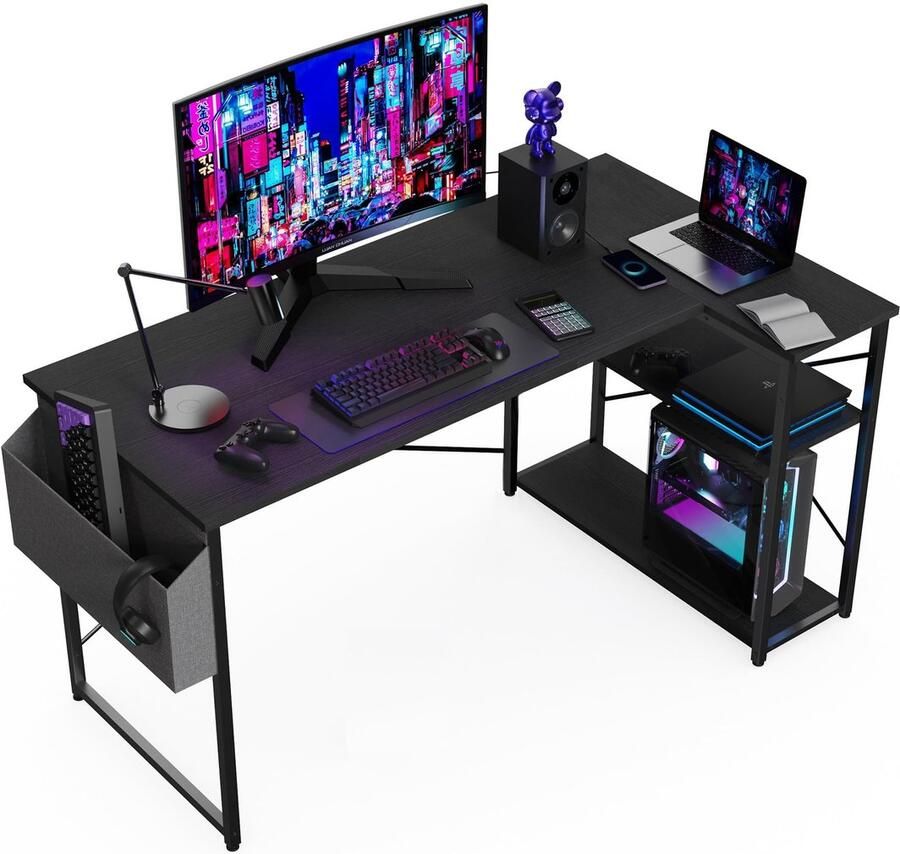 Unyqoos L-vormig multifunctioneel bureau met ruime opbergmogelijkheden voor gaming en werk zwart