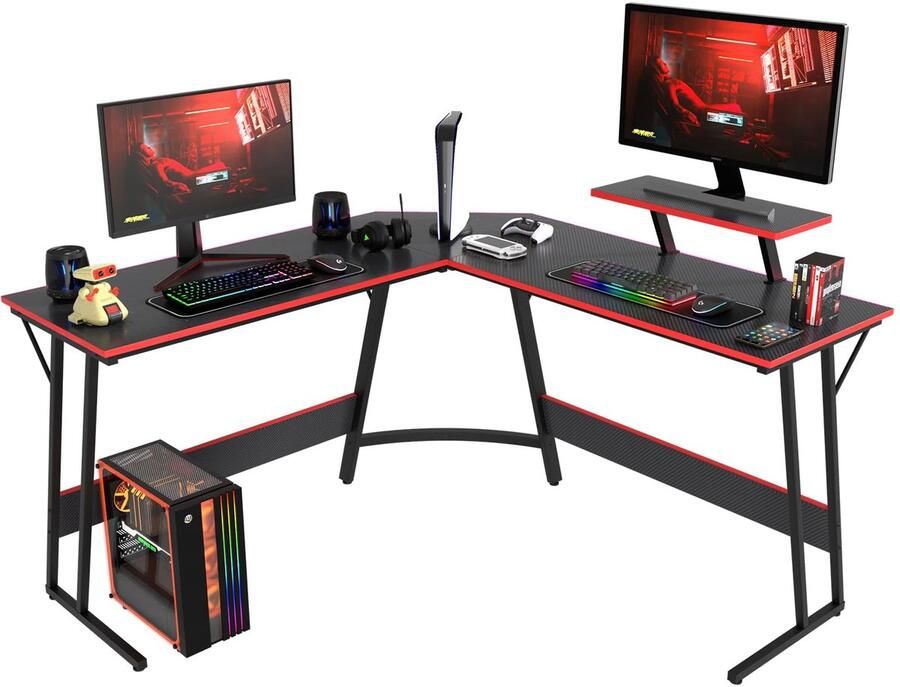 Unyqoos L-vormige bureauhoek 128 x 128 x 90 cm multifunctioneel bureau met monitorstandaard voor werk en spel (Zwart)