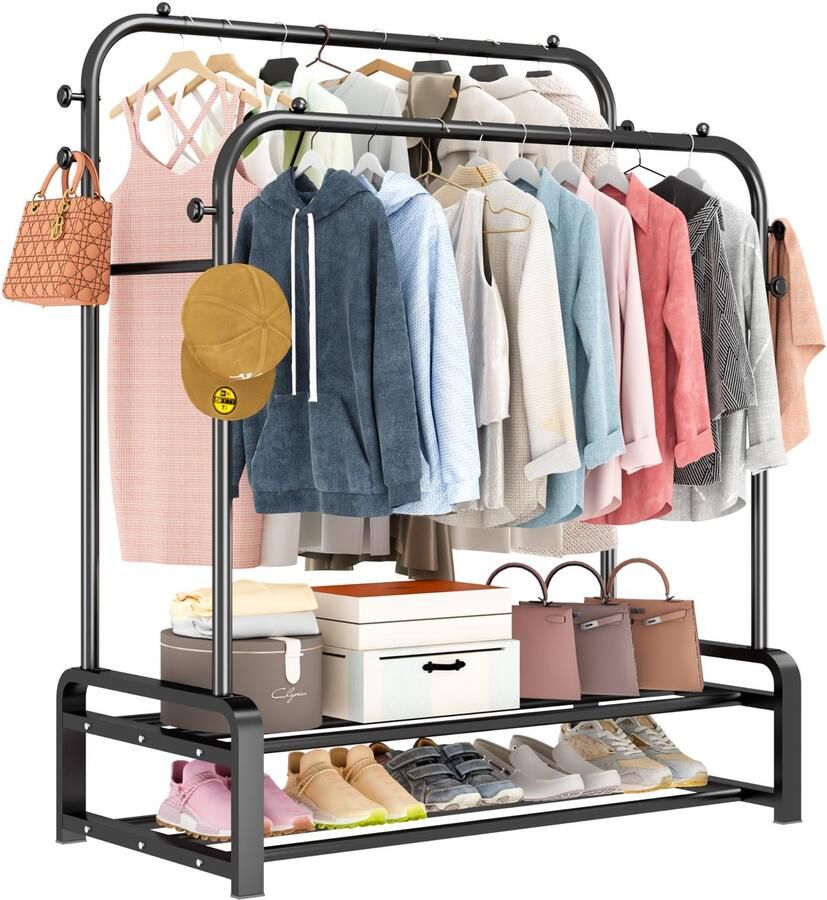 Unyqoos Multifunctionele Vrijstaande Kledingstandaard met Dubbele Stangen Haken en Schoenenrekken voor Georganiseerde Opbergruimte
