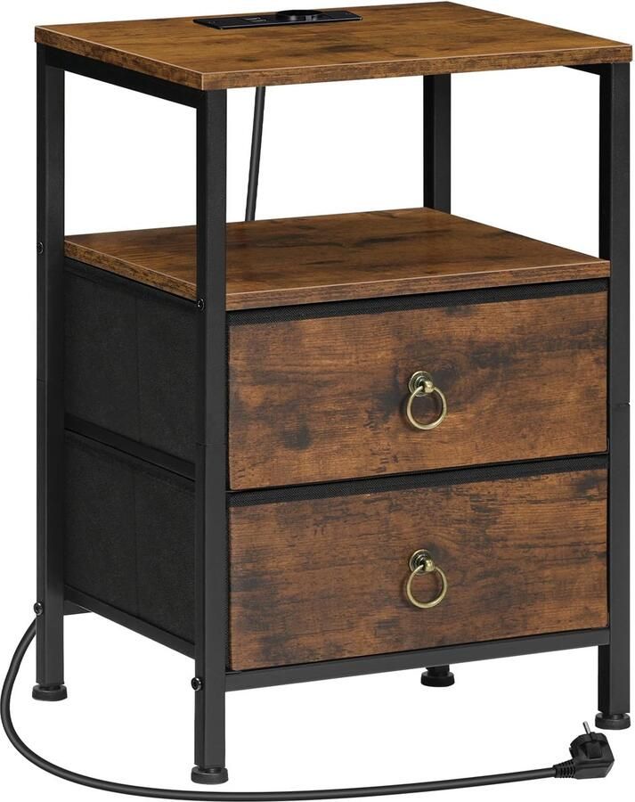 Unyqoos Nachtkastje met geïntegreerd laadstation vintage stijl met stoffen laden en stopcontacten