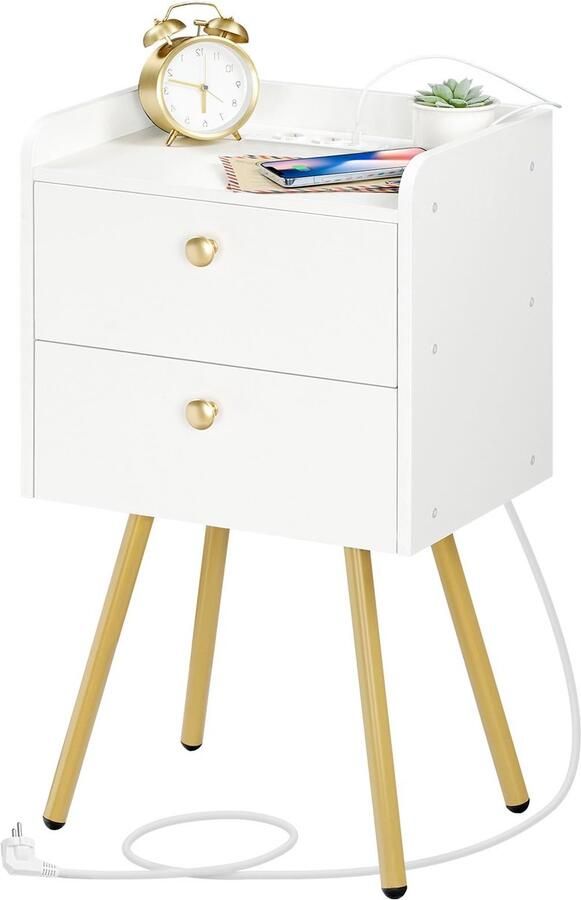 Unyqoos Nachtkastje met ingebouwd laadstation en moderne opbergruimte wit-gouden design voor slaapkamer en woonkamer