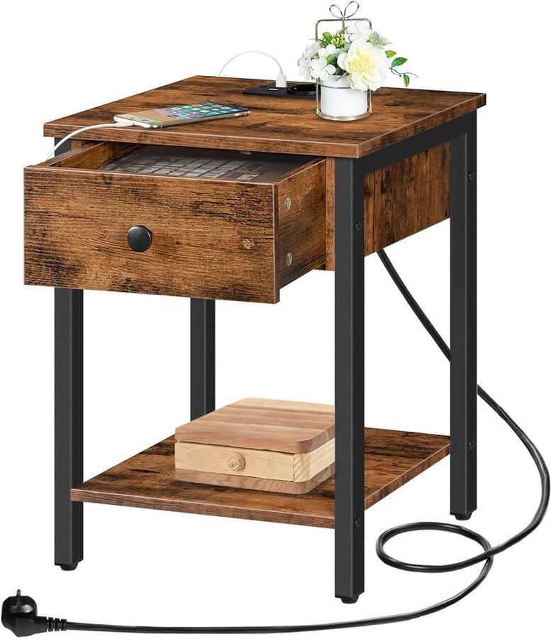 Unyqoos Nachtkastje met ingebouwd oplaadstation en USB-poorten compacte bijzettafel met lade en plank voor slaapkamers