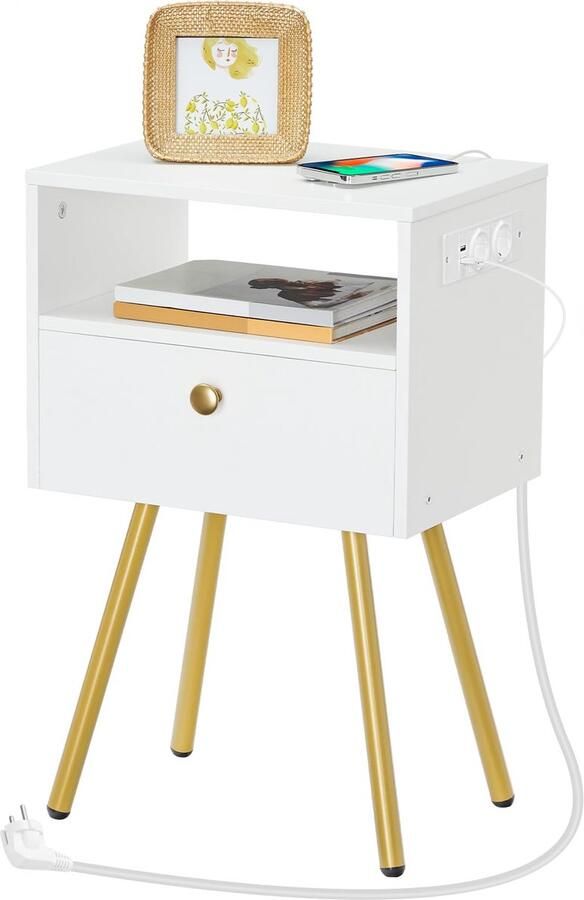 Unyqoos Nachtkastje met Multifunctioneel Laadstation en Stijlvolle Opslag Wit en Goud 28 x 38 x 60 cm