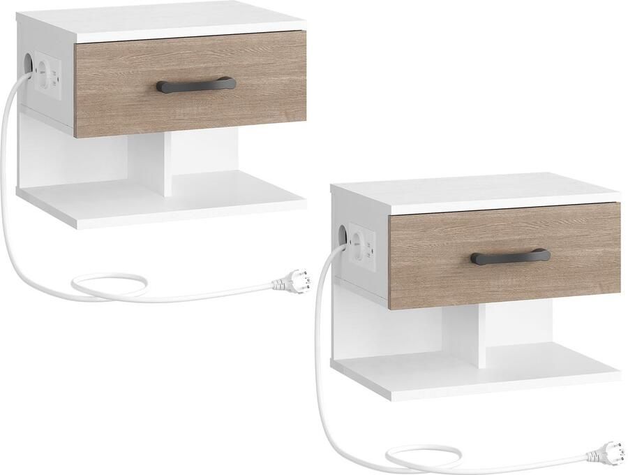 Unyqoos Nachtkastjes Set van 2 met Laadstation en Wandmontage voor Slaapkamer in Wit en Greige
