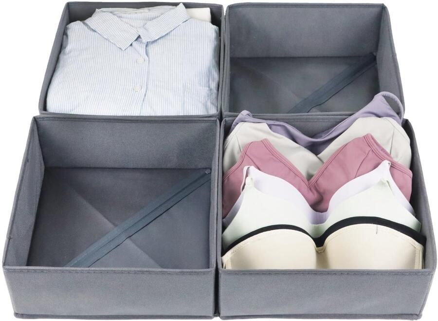 Unyqoos Opvouwbare Stoffen Lade Organizer Set voor Georganiseerde Kledingkasten en Bureaus 4 Stuks in Grijs