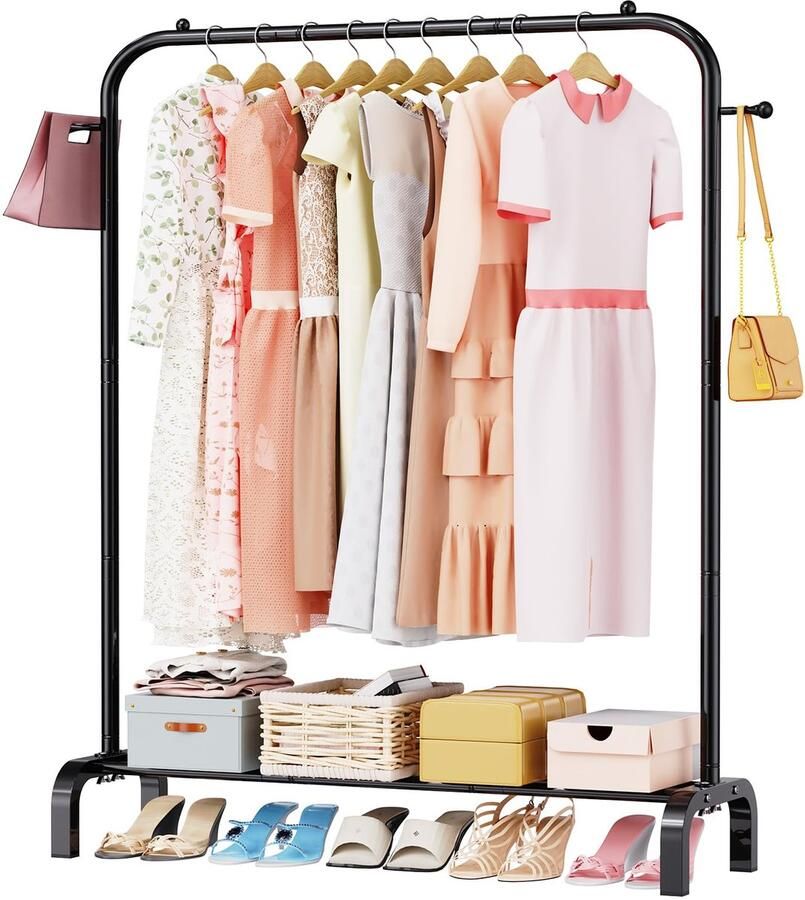 Unyqoos Robuuste Zwarte Kapstok met Schoenenrek en Multifunctionele Haken voor Toepassingen